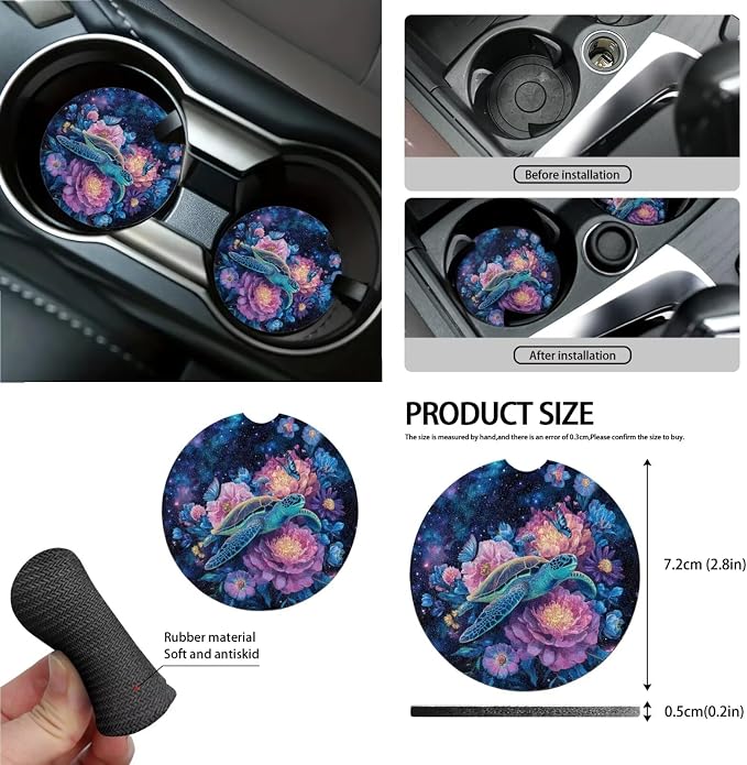 Turtle Peony Flower Star Butterfly Print Full Set with Front Back Seats Covers Steering Wheel Cover Rearview Mirror Cover Keychain Trash Can Auto Seat Belt Pads, Coaster for Women Men