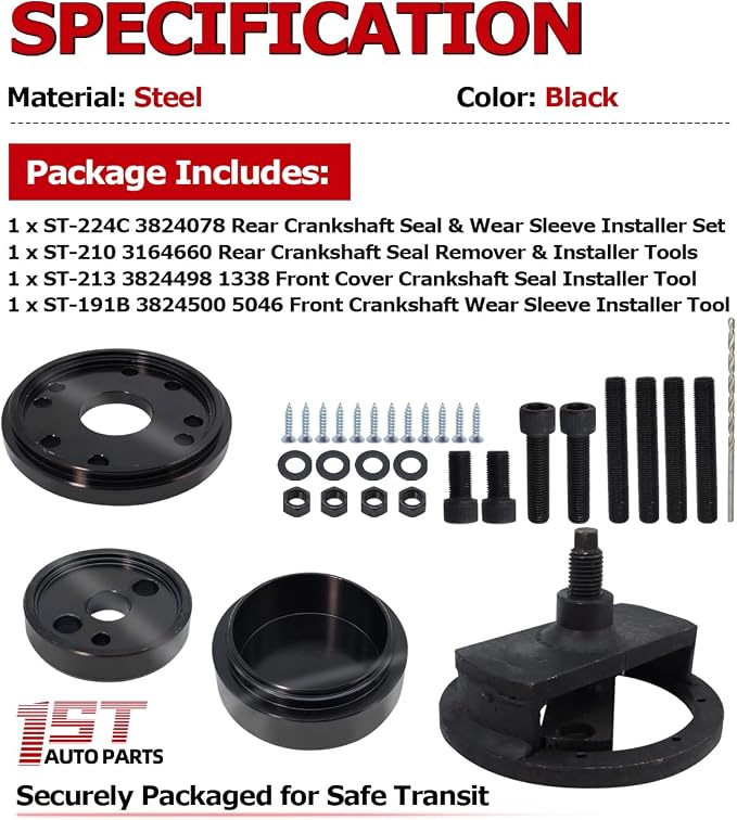 1ST Front & Rear Crankshaft Seal Remover & Installer with Wear Sleeve Installer Tool Set for Paccar PX-6, Cummins 3.9L 5.9L 6.7L 1989-2016, Replace OE: 3824078 5395259 3163734 3163628 3163741 ST-224C