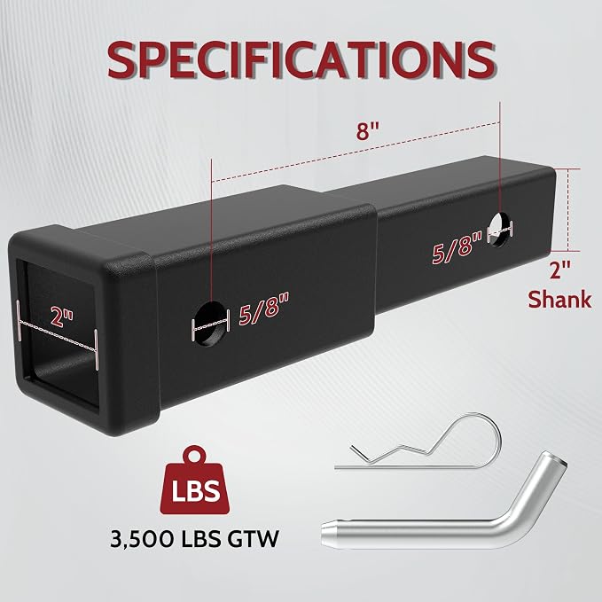 2 Inch Receiver Hitch Extender with 8 Inch Hitch Extension Length Provides More Clearance from Spare Tire and Tailgate