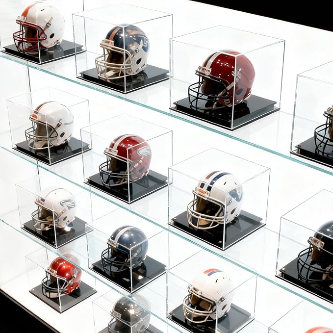 Football Helmet Display Case, Crystal Clear Acrylic Showcase with Stainless Steel Screw Feet, Helmet Case with Black Protection Holder Base, Self-Assembly Dust-Proof Helmet Case for Sports Memorabilia