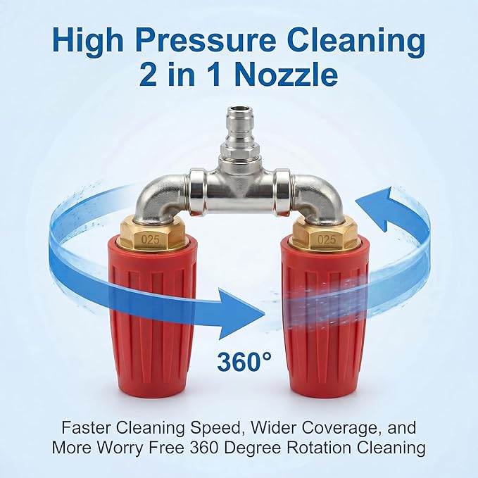 Dual Turbo Nozzle Pressure Washer, Dual Pressure Washer Nozzle, 360° Rotating 4000 PSI Turbo Nozzle with 1/4" Quick Connector 2.0 Orifice, 304 Stainless Steel for Driveway/Deck Clean(Red)