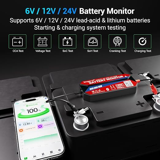 All-Round Battery Monitor, 6V/12V/24V Adaptable, IP67 Waterproof, Auto Alarm, 72-Day Logging, Compatible with Lead-Acid/Lithium Batteries for Cars/Boats/Storage