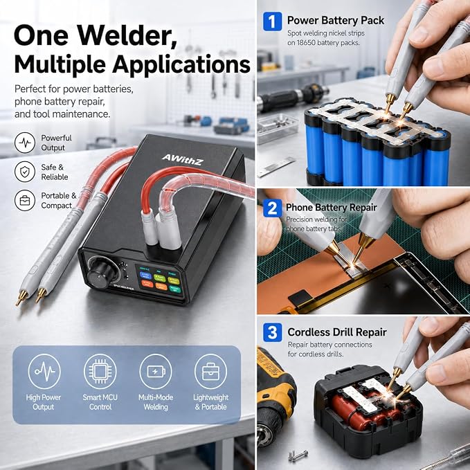 10000mAh Battery Spot Welder, Rotary Knob Operation 100 Gears Adjustable Foot Pedal Operated, 0.1-0.4mm Spot Welder with Dual Pulse Output, Portable Spot Welder for Making DIY Battery Packs | 10000mAh
