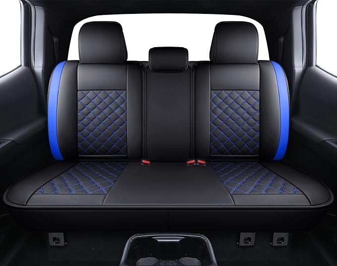Tomatoman Tacoma Seat Covers Compatible with Toyota Tacoma 2005-2023 2024 2025 2026 SR V6 TRD Sport Extended Access Cab Truck Waterproof Faux Leather(Full Set, Black-Blue)