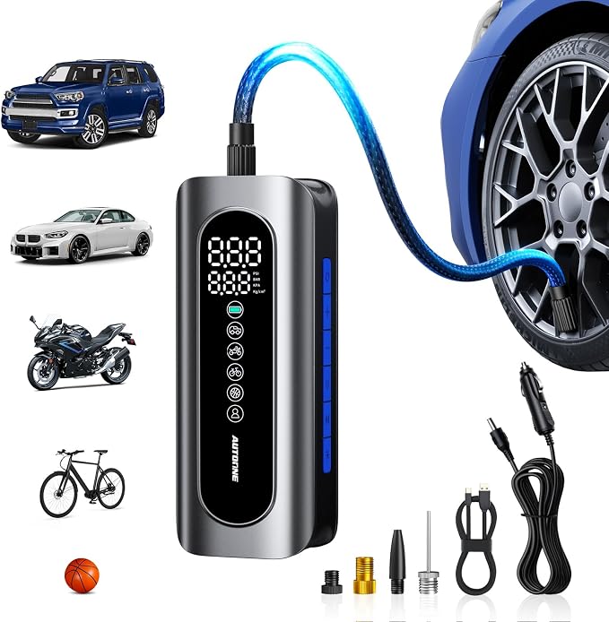 AUTOONE Tire Inflator Portable Air Compressor - 4X Faster 150PSI Cordless Air Pump with Digital Tire Pressure Gauge, 12V Car Power Adapter - for Car Motorcycle Bike Ball and More