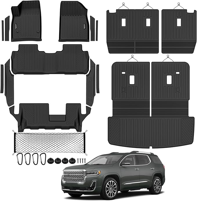 Tongama-Floor Mats for 2017-2023 GMC Acadia 7 Seat with Bench Seats, All Weather TPE Trunk Mat with Backrest Mat & 2nd Row Backrest Mats & Cargo Net & Full Coverage Door Sill Guards Kit