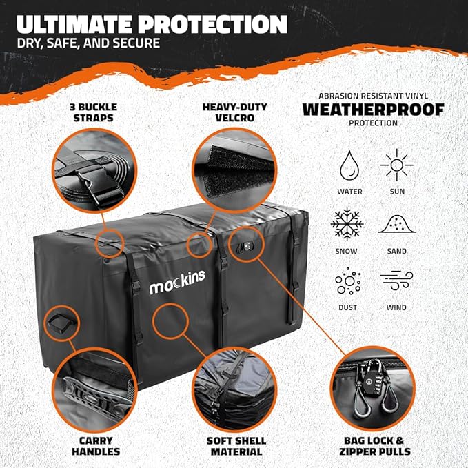 Mockins 25 CuFt XL Heavy Duty Trailer Hitch Cargo Carrier Bag | 60"x24"x31" All-Weather Cargo Bag for Hitch Carrier | Waterproof Truck Bed Storage | Vehicle Soft-Shell Carriers w/Straps, Lock, & Case