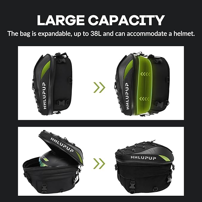 Motorcycle Tail Bag with Password Lock 25L- 38L Convertible Helmet Backpack, Waterproof Luggage Bags for Dirt Bike and Road Trip Riders Green