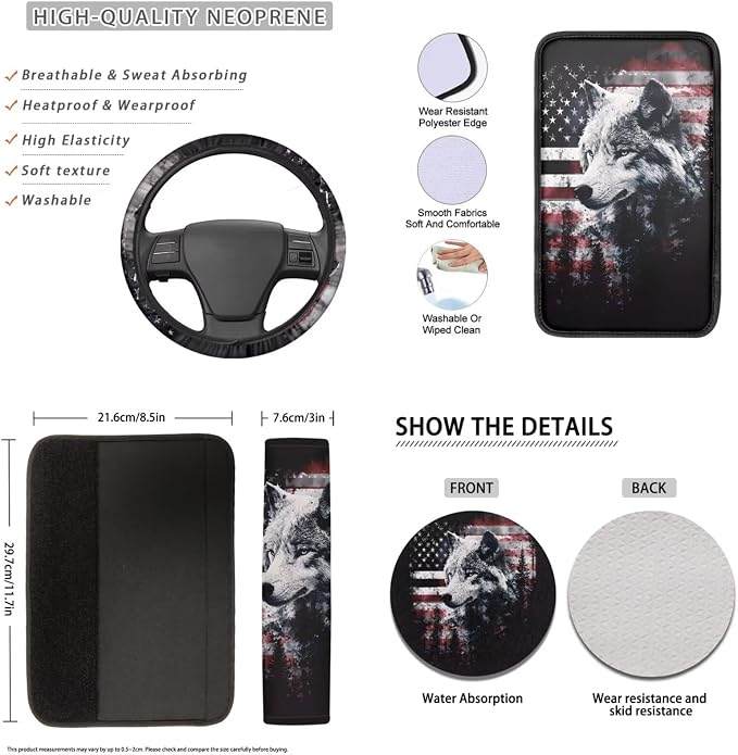 Lotusorchid Wolf Forest Print Car Accessories Full Set American Flag Print Car Front Back Seat Covers Safety Belt Pads Headrest Cover Armrest Pad Gear Shift Knob Protector Cup Holder Coaster