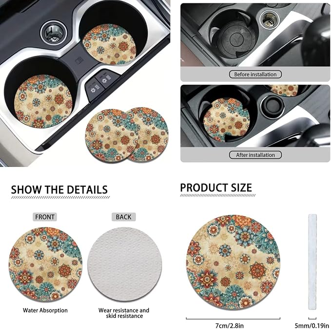 KEIAHUAN Boho Mandala Flower Car Seat Cover Set for Women 11 Pieces Includes Car Front Rear Seat Cover Steering Wheel Cover Handbrake Cover Headrest Covers Cup Coaster Auto Interior Accessories