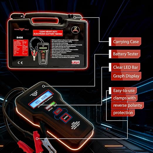 Professional Battery Tester - 12V Automotive Systems, Electronic Load Analyzer - Starter & Alternator Testing, 100–1700 CCA, Digital Voltage Meter, Made in USA, B400 by Tech Professional Service Tools