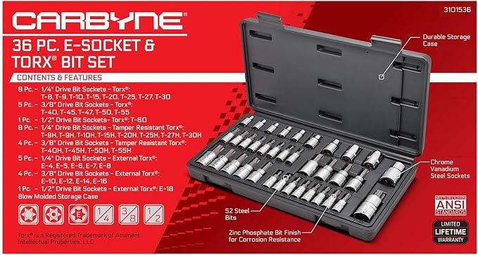 CARBYNE 36-Piece Torx Bit Socket and E-Torx Socket Set, T8 to T60, Tamper-Resistant Security Torx TT8 to TT55, External E4 to E18, S2 Steel Bits, 1/4 in 3/8 in and 1/2 in. Drive, Genuine Licensed Torx