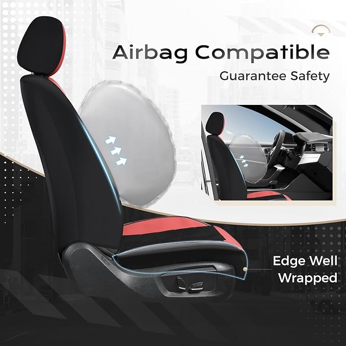 Coverado Seat Cover, Car Seat Cover Full Set, 3D Air Mesh Breathable Seat Protectors Sports Carbon Fiber Design Airbag Compatible Comfort Universal for Most Cars, Van,Trucks, SUV, Black&Wine
