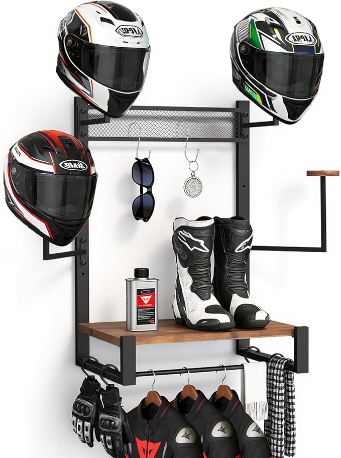 Wall Mounted Motorcycle Helmet Holder, Heavy-Duty Helmet Rack with 4 Helmet Mounts & 4 Glove Clips, Rustic Wall Mounted Organizer with 4 Hooks for Motorcycle Helmets, Shoes, Accessories