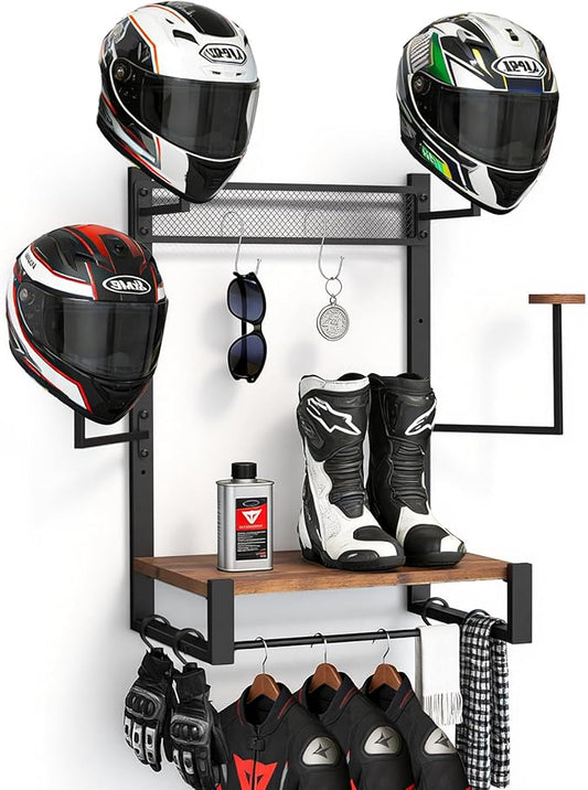 Wall Mounted Motorcycle Helmet Holder, Heavy-Duty Helmet Rack with 4 Helmet Mounts & 4 Glove Clips, Rustic Wall Mounted Organizer with 4 Hooks for Motorcycle Helmets, Shoes, Accessories
