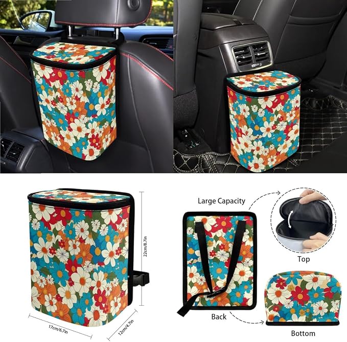 Hippie Floral Print Car Front Back Seat Covers Set of 15 Steering Wheel Cover Seat Belt Strap Cover Trash Cans Air Vent Storage Holder Cup Holder Rearview Mirror Covers Key Chain