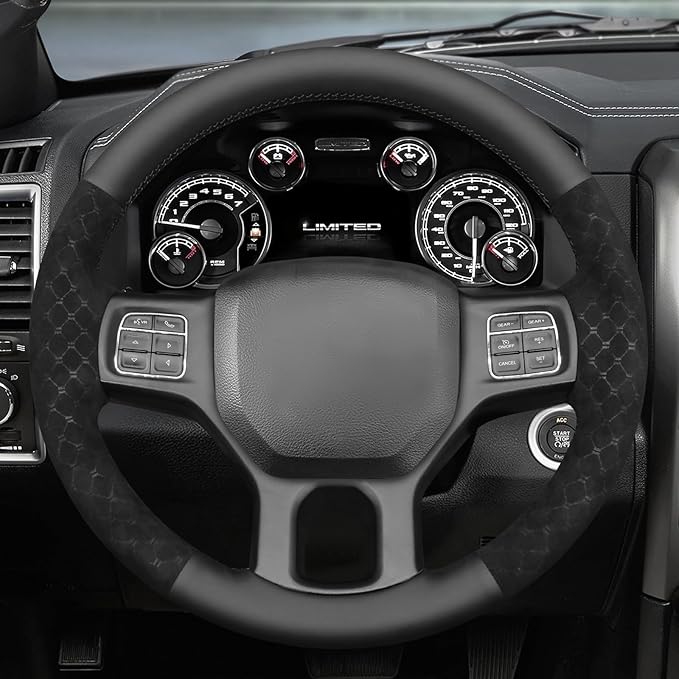 MEWANT Hand Stitch Steering Wheel Cover for 1500 2012-2018 1500 Classic 2019-2023 2500 3500 5500 2012-2018 Black Diamond Embossed Athsuede GenuineLeather Interior Accessories