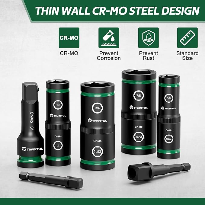 Lug Nut Impact Socket Set, 14Pcs 1/2" & 1/4" Metric & SAE Socket Set, CR-MO Steel, 20-IN-10 Deep Flip Socket Set, Thin Wall Wheel Protector Nut Socket with Extension Bar & Adapter