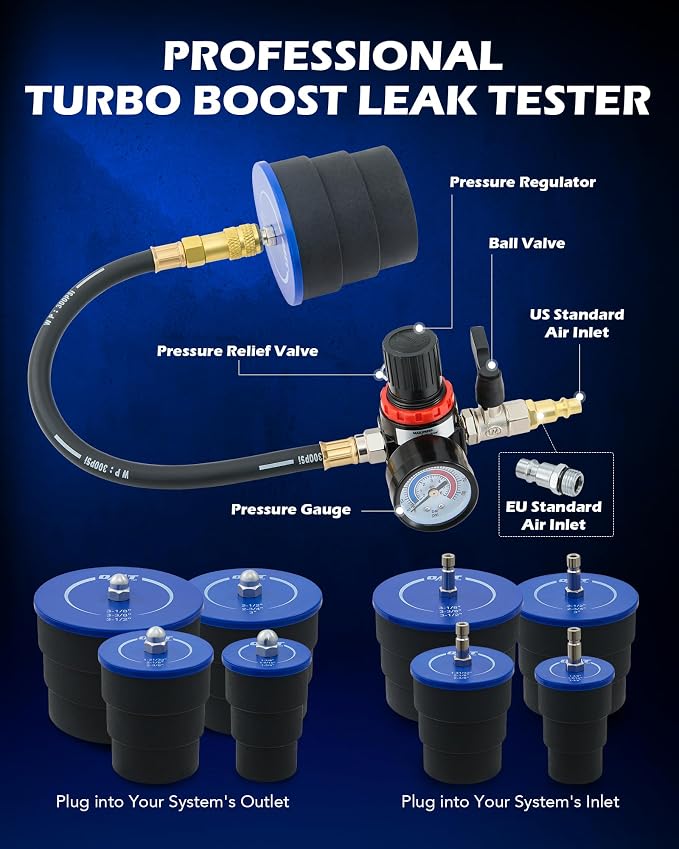 Orion Motor Tech Turbo System Leakage Tester Kit, 10pc Turbo Boost Leak Tester Set with 4 Pairs of Stepped Adapters 1-3/8" to 3-1/2", Turbo Pressure Leakage Tester for Cooling Emissions Exhaust Pipes