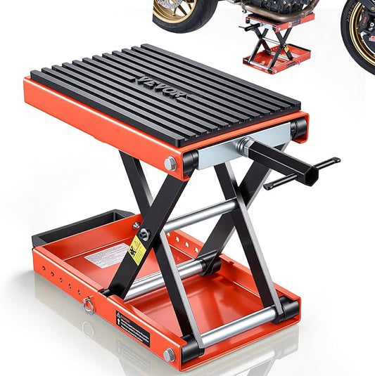VEVOR Motorcycle Lift, 1500 lbs Motorcycle Scissor Lift Jack with Wide Deck & Lock Pin, 4.13"-13.77" Center Hoist Crank Stand, Steel Scissor Jack for Street Bikes, Cruiser Bikes, Touring Motorcycles