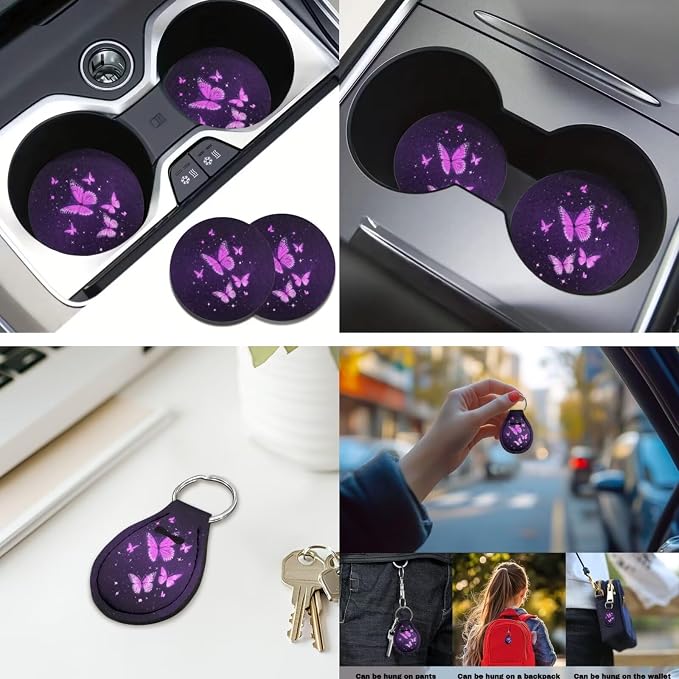 Purple Butterfly 12 Pack Car Seat Covers Full Set with Car Steering Wheel Cover Arm Rest Cover Auto Seat Belt Cover Cup Coasters and Keychain Holder Universal Fit Most Cars SUV