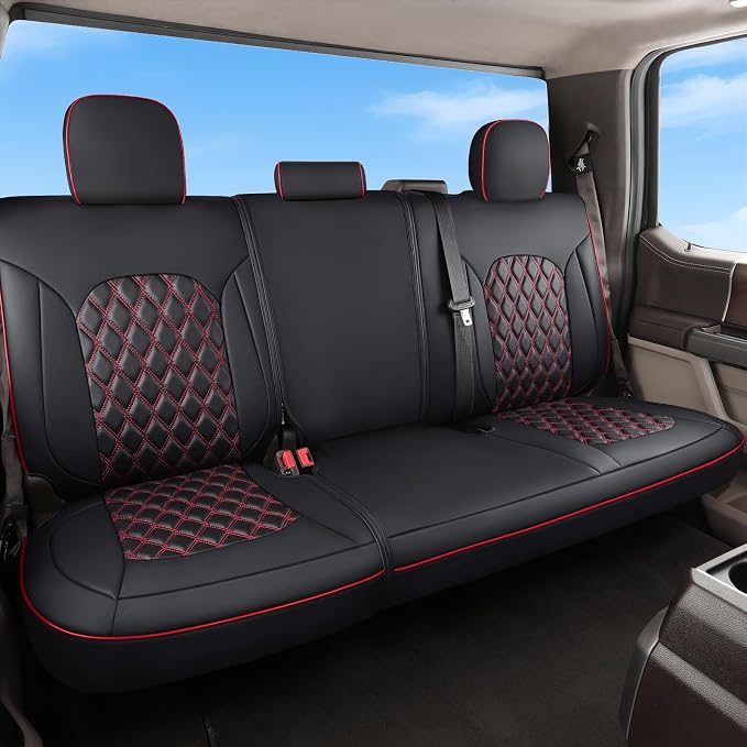 Huidasource Tundra Back Seat Covers for 2022 2023 2024 2025 2026 Toyota Tundra Rear Seat Covers, Nappa Leather Truck Seat Cover, Custom Cushion Protector, CrewMax/Double Cab Pickup(Rear/Black＆Red)