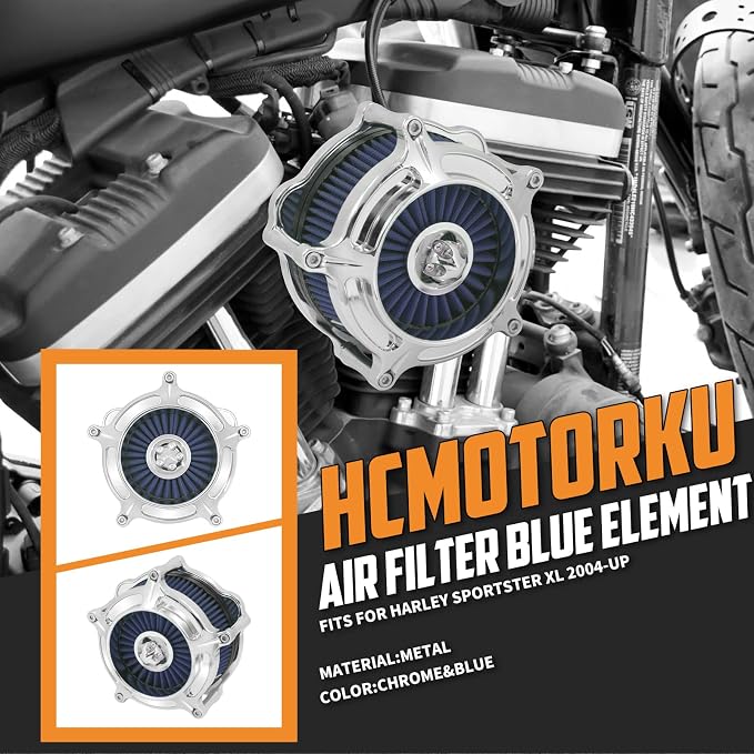 Air Cleaner Filter Aluminum Fit for Harley Touring Road King Street Glide Softail Sportster Dyna (Chrome Housing Blue Element, A For Sportster XL 04-22)