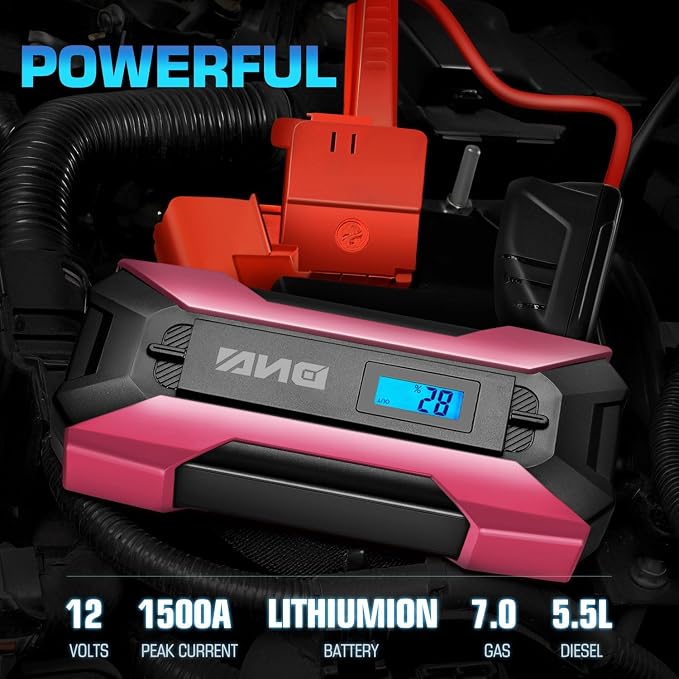 DNA Motoring TOOLS-00267 12V 1500A 15000 mAh Multi-Function Portable Car Battery Jump Starter for Up to 7.0L Gas & 5.5L Diesel Engine, with Carry Case, Pink