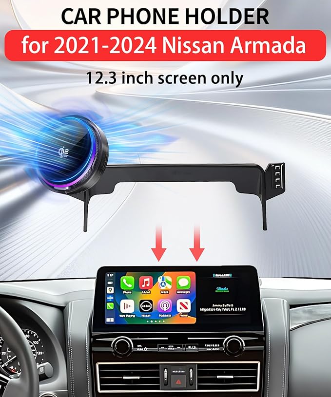 Qi2.2 25W Magnetic Car Mount Charger for Nissan Armada 2021 2022 2023 2024 Accessories, for Fast Charging Cell Phone Holder 12.3 Inch Screen Fixed Clip with Cooling Fan＆54W Fast Adapter