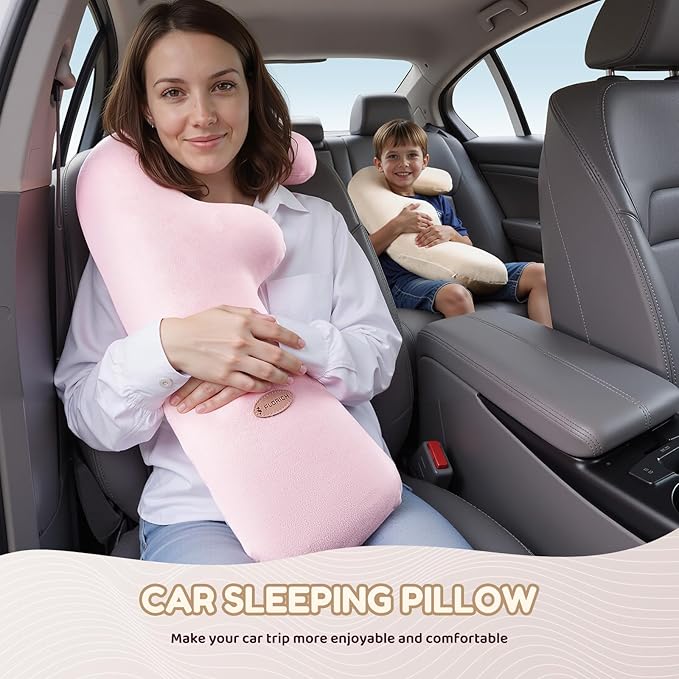 FLORICH Memory Foam Kids Travel Pillow, Car Sleeping Pillow, F-Shape Car Pillows for Adults and Children, Traveling Car Pillow for Kids with Removable Pillowcase (Dark Beige)