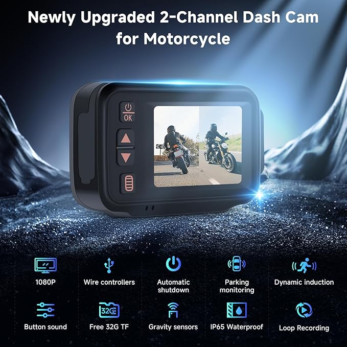 METEESER Motorcycle Front and Rear Dash Cam,2inch Touch Screen,1080P Motorbike Camera DVR Dashcam,G-Sensor,GPS,Loop Recording,DVR Waterproof,Wide Angle,Bluetooth5.0,32G TF,Dual Lens,Parking Monitor