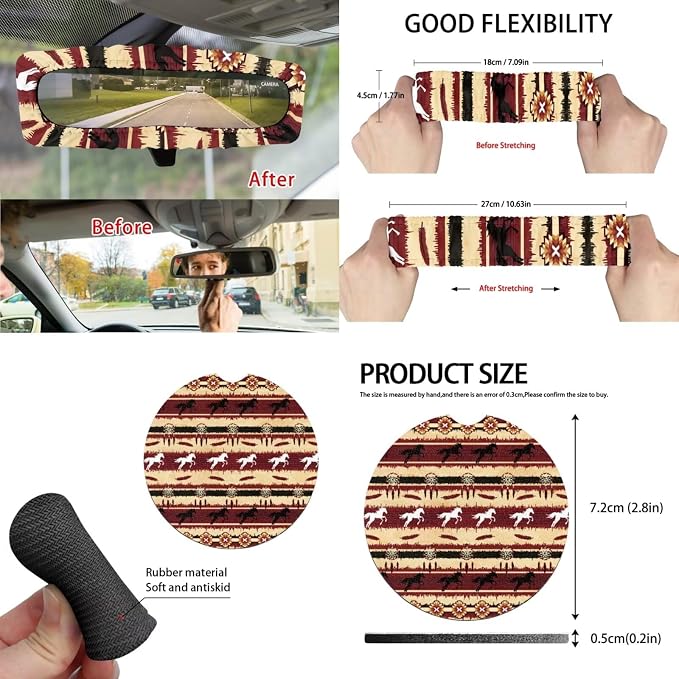 Aztec Horse Car Seat Covers Set of 15 with Universal Steering Wheel Cover, Rearview Mirror Cover, Car Trash Can, Seatbelt Pads, Cup Holder Coasters, Keychains