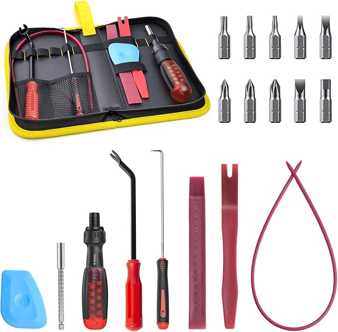 Ratchet Screwdriver 7 PCS Auto Trim Removal Tool Kit, No-Scratch Car Interior Disassembly Set for Dash Radio Audio CarPlay Screen Upgrade & Reverse Camera Installation