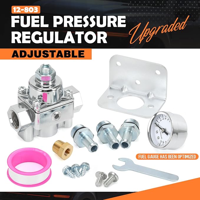 12-803 Adjustable Fuel Pressure Regulator with Gauge, Compatible with Holley and Edelbrock Carburetors, 4.5-9 PSI, 3/8" NPT, 1-in 2-Out