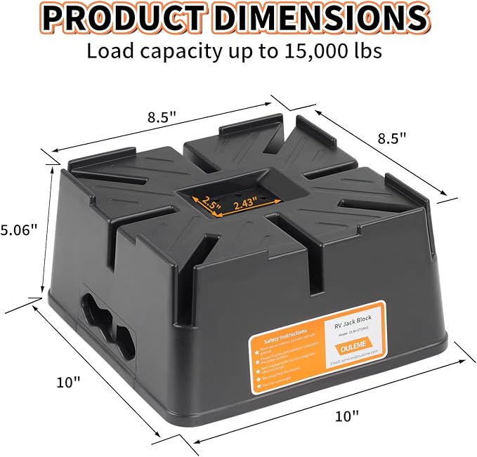OULEME Trailer Jack Block, 15,000 lbs Leveling Block for RV Camper Travel Trailer 5th Wheel, Fits 8.5” Pad, Tongue Stand/Round Square Scissor Stabilizer Jack and Wheels, 4 Pack