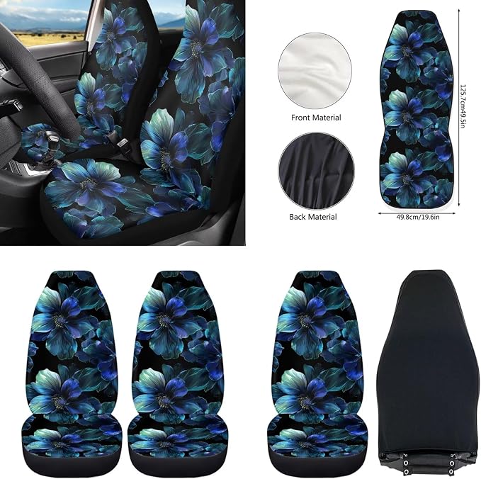 Howilath 10 Packs Blue Hibiscus Flower Car Front Seat Cover with Interior Accessories Steering Wheel Cover/Seatbelt Pads/Keychain/Armrest Cushion/Coasters