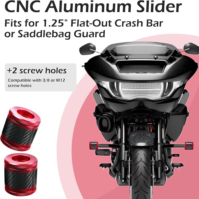 Crash Bar Sliders End Caps CNC Carbon Fiber Inlay Decorative Sliders Fits for 1.25" Front Engine Guard Rear Saddlebag Guard CNC 60mm (Red)