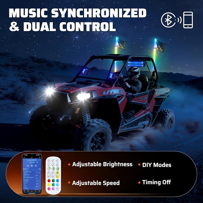 Ehaho 1 PC 2FT Whip Lights with Spring Base, APP & Remote Control Led Whip Lights for Side by Side, Spiral RGB Chasing Lighted Whips with Rocker Switch, Music Led Whips for UTV ATV RZR SXS Can-Am