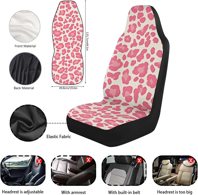 Pink Leopard Print Car Seat Covers Set of 11 Car Front Seat Cover Steering Wheel Cover Rear View Mirror Cover Cup Coasters Wristlet Keychain for Most Cars, SUVs
