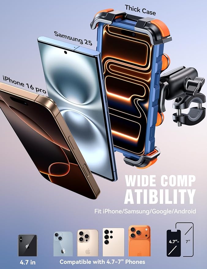 JOYROOM Motorcycle Phone Mount Holder - [Dual Vibration Dampener] 100mph Anti-Shock Phone Holder for Motorcycle [Metal Adjustment Arm] Bicycle Bike Phone Holder Mount for 4.7-7" Cell Phones, Orange