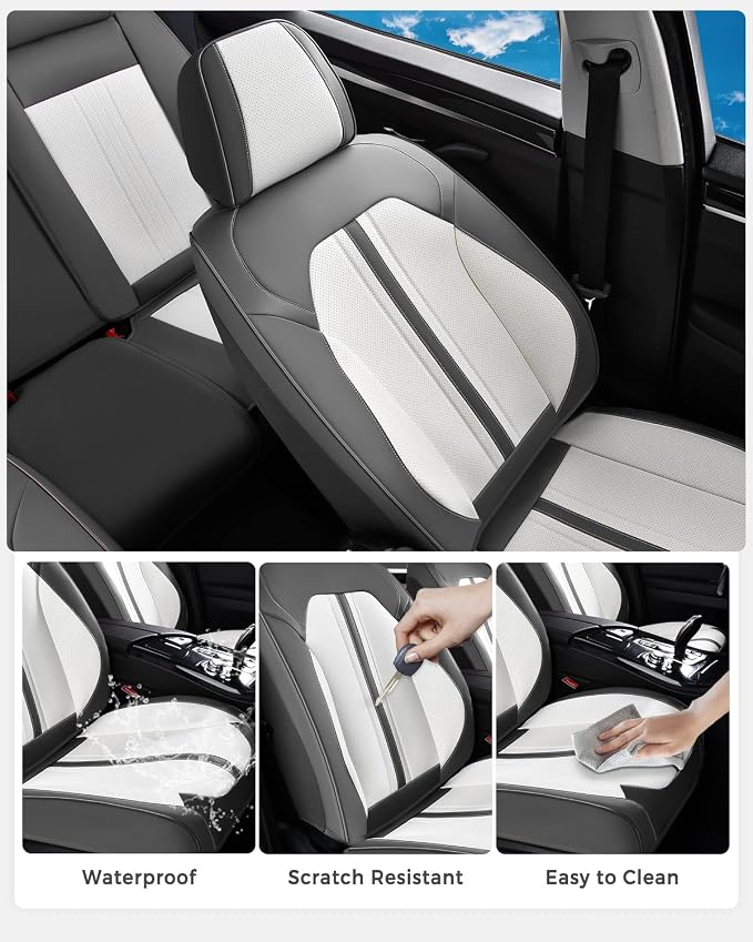 Huidasource Front Car Seat Covers, Luxury Faux Leather Car Seat Covers Front Seats, Compatible with Airbags, Seatbelt Buckles, Cooling＆Heating, Universal Fit for Most Cars Vans Trucks SUVs, Gray＆White