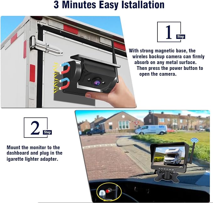 Magnetic Solar Wireless Backup Camera 7 inch Monitor DVR Looping HD 1080P 9600Amh Rechargeable Suitable for Truck Trailer Semi RV Camper Rear View Camera 1 Min Easy Install Scratch-Proof (1 Camera)