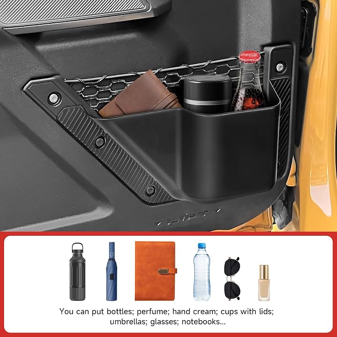 2PCS Front Door Storage Pockets Compatible with 2021-2025 2026 Ford Bronco Accessories Cup Holder Side Organizer Box for Bronco Storage 2/4 Door (Not Sport)