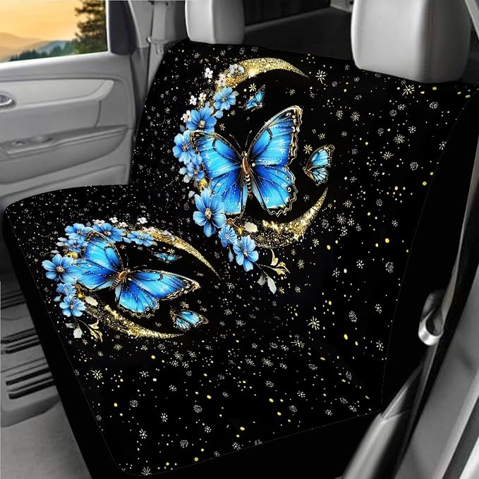 Butterfly Moon Car Seat Covers Full Set 18 Pieces Universal Car Interior Accessories Set with Blue Butterfly Flower Print Car Seat Belt Pads Cover Car Headrest Covers Cup Coasters Keychain