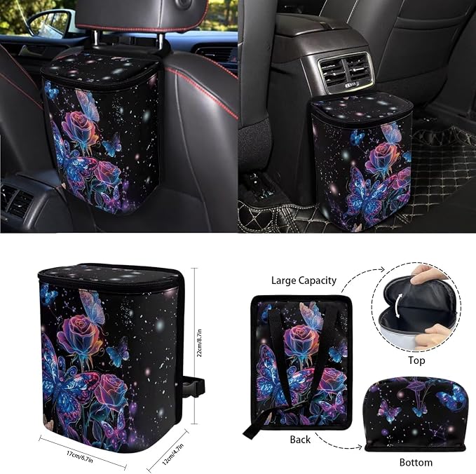 Moon Galaxy Butterfly Car Seat Covers Full Set 15 Pcs Universal Car Accessories Steering Wheel Cover Seat Belt Pads Garbage Bag Car Headrest Pillow Covers Armrest Pad