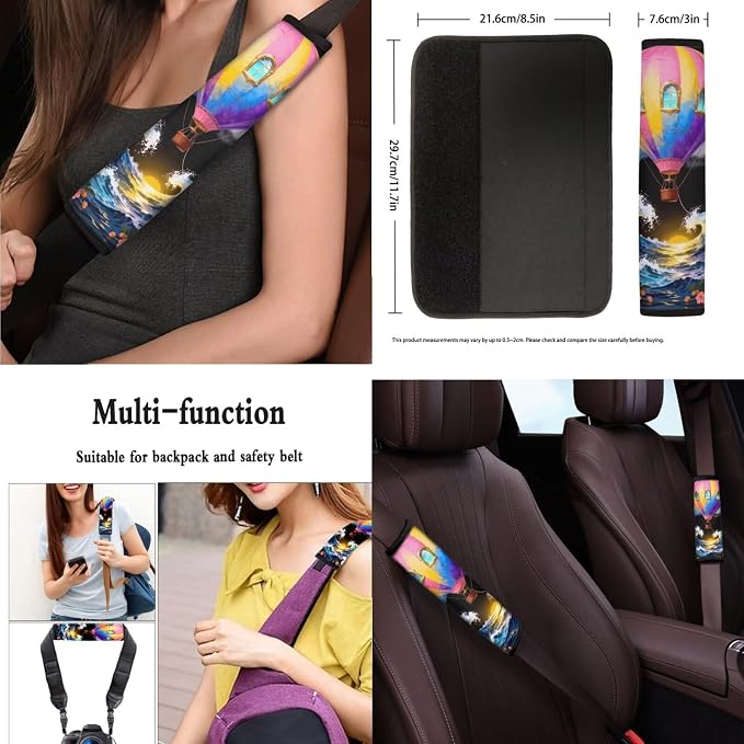 Balloon 13 Pcs Car Seat Covers Full Set, Ocean Wave Hot Air Balloon Auto Front and Rear Bench Seat Protector, Tropital Hibiscus Steering Wheel Sleeve Auto Armrest Cover