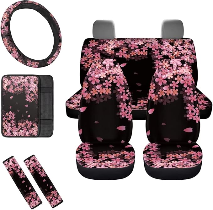 Mumeson Cherry Blossom Car Seat Covers Full Set and Steering Wheel Cover,Seat Belt Covers,Car Interior Armrest Cushion Pad Full Set of 8 Pack Auto Interior Decor Accessories Pink