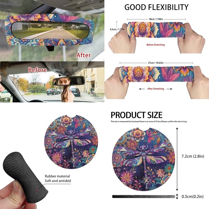 Boho Floral Dragonfly Auto Interior Accessories Car Seat Covers with Auto Steering Wheel Cover Seat Belt Covers Car Trash Can View Mirror Cover Coaster Keychains