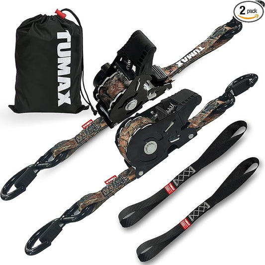 2-Pack Retractable Ratchet Tie Down Straps, 1" x 10ft with Soft Loops & S-Hooks, 1500lbs Break Strength Self-Retracting Cargo Straps for Truck, Trailer, Motorcycle, ATV, Kayak (Camouflage)