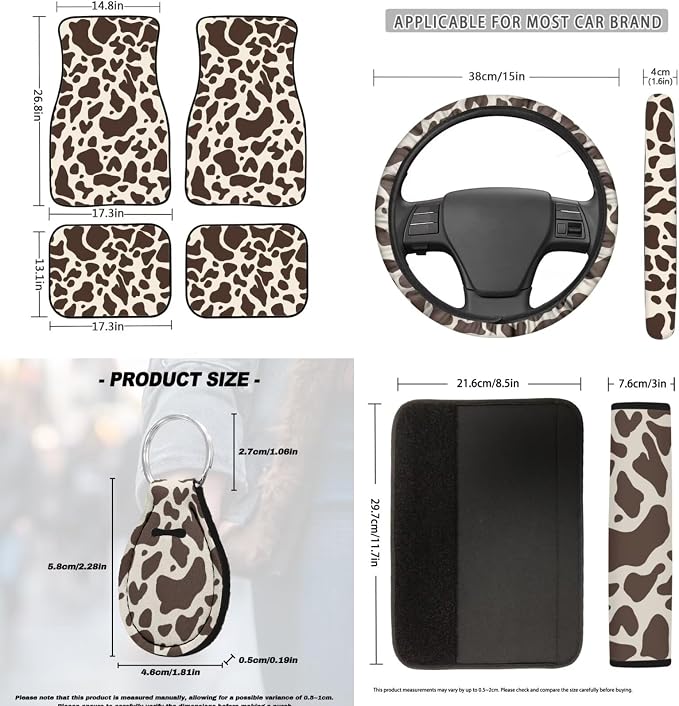 Brown Cow Print Car Seat Covers Car Floor Mats Steering Wheel Cover Armrest Pad Covers Seat Belt Pads Handle Wraps Cup Coaster Keychain Automotive Interior Accessories 18 Pcs Set
